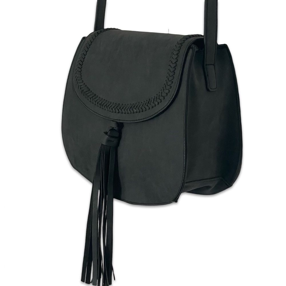 grey faux suede saddle bag braided whipstitch crossbody vintage new